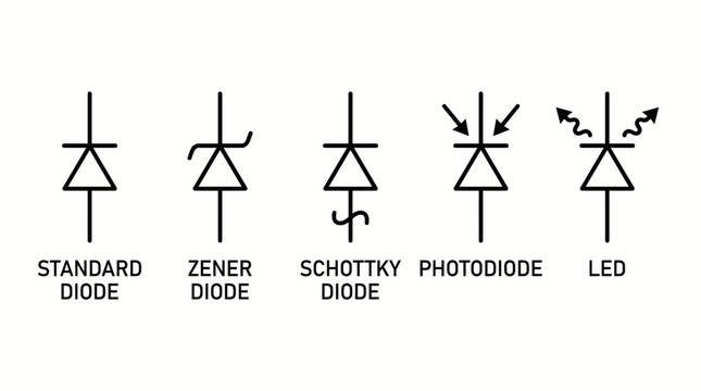 Electronic circuit symbols for various diode types including standard, Zener, Schottky, photodiode, and LED components.