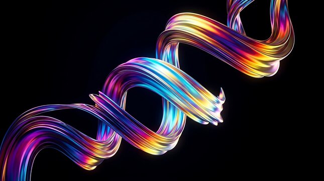 Abstract iridescent swirling ribbon shape on black background
