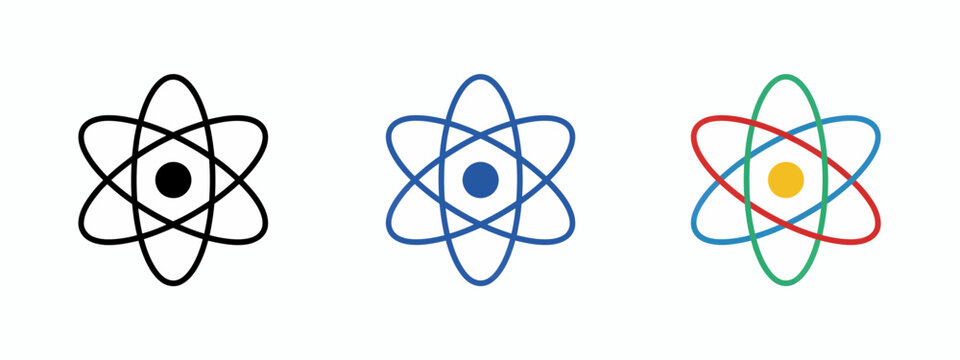 Set of three atom icons in different styles, flat vector illustration of atomic structure symbols