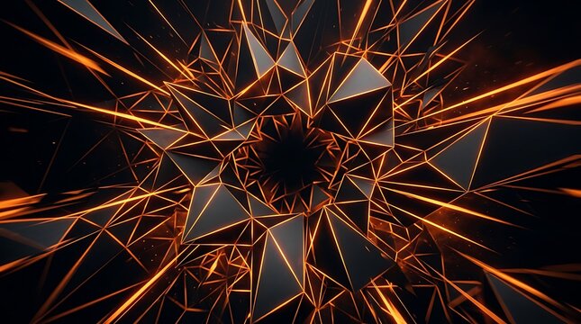 Abstract geometric tunnel with glowing orange neon light edges