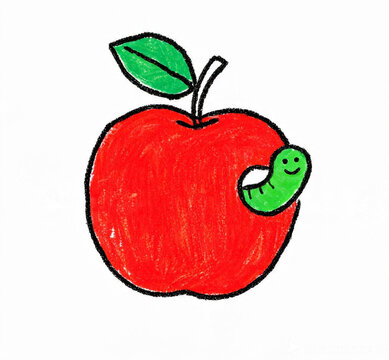 Cute Red Apple with Smiling Green Worm, Childlike Crayon Drawing Style