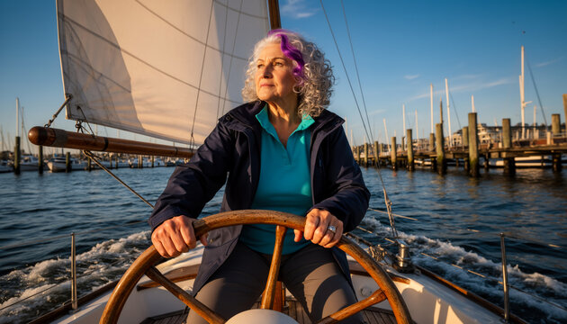 Confident senior woman steering sailboat wheel at marina during sunny day, navigating vessel with focused expression, nautical adventure and active retirement lifestyle with copy space