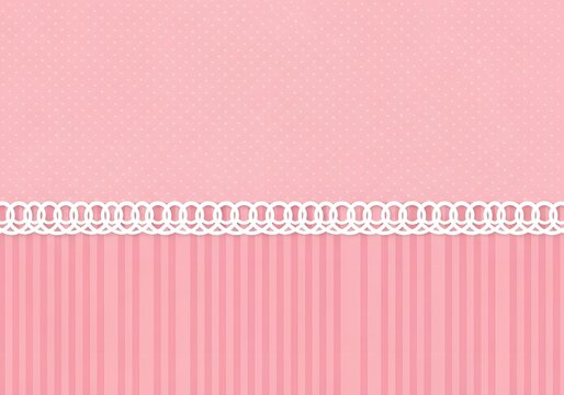 Pink background split horizontally with white lace trim between polka dot and vertical stripe