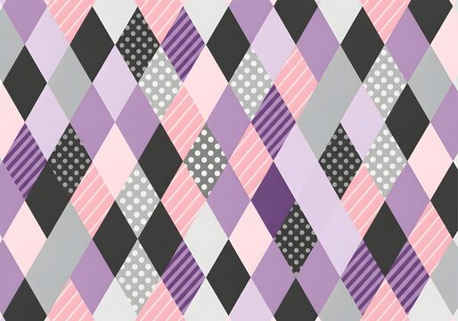 Classic argyle pattern with interlocking diamond shapes in pink, purple, black, and grey