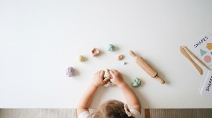 Fototapeta premium caucasian child hands playing with colorful playdough on white table. wooden rolling pin, shape cards. early childhood education, creativity, fine motor skills. copyspace, banner, website header.