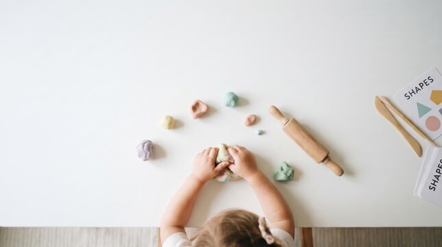 caucasian child hands playing with colorful playdough on white table. wooden rolling pin, shape cards. early childhood education, creativity, fine motor skills. copyspace, banner, website header.