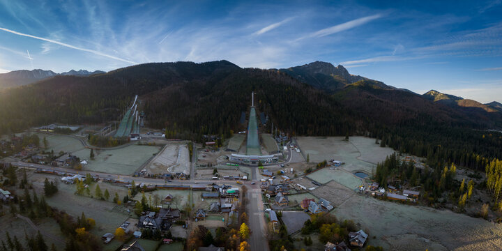 Wielka Krokiew ski jump and Tatra Mountains in Zakopane from above