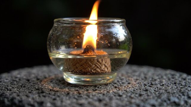 Burning oil lamp flame flickering in a glass bowl on textured dark stone