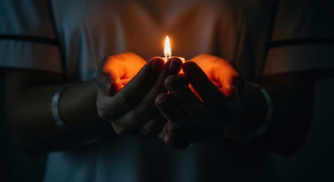Hands holding lit candle flame.