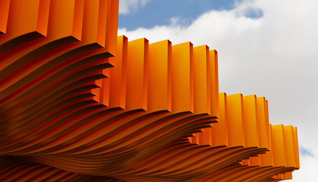 Yellow abstract ripple structure against cloudy sky