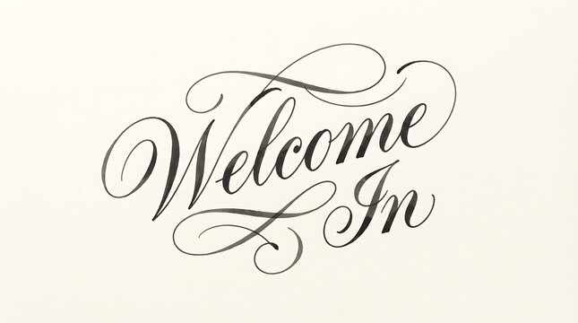 Elegant calligraphy writing of the words welcome in with flourishing script on a white background for greeting cards and invitations