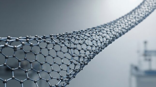 Detailed closeup of a carbon nanotube structure with hexagonal lattice pattern against a blurred industrial background representing nanotechnology