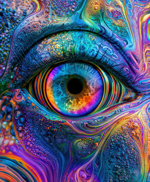 Surreal psychedelic human eye with vibrant rainbow colors and liquid swirling patterns in purple blue orange and pink tones