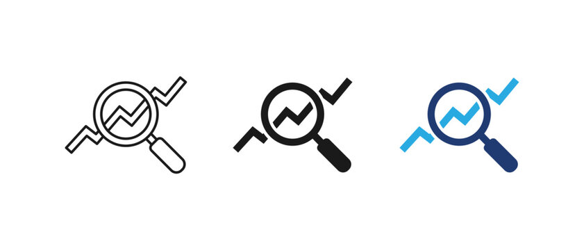 Data analysis magnifying glass chart graph trend vector icon set