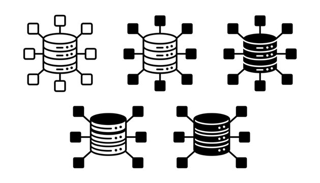 Centralized data storage server network icon set with database cylinders connected to multiple computing hardware nodes
