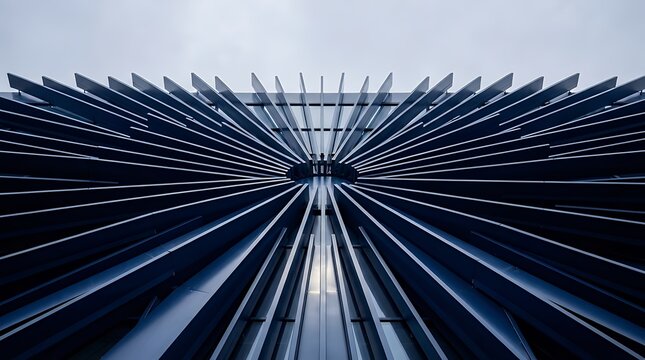 Abstract architectural detail presenting a radial pattern of dark navy blue metallic lines converging with geometric precision and subtle light reflection abstract architecture detail blue navy