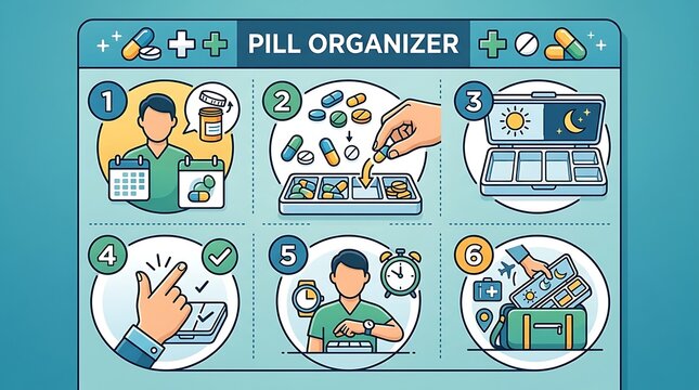 Pill organizer instruction guide infographic showing medication steps