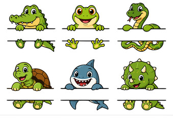 peeking animal split monogram set with crocodile, frog, snake, turtle, shark, and triceratops dinosaur for name frame custom craft design © metakritik