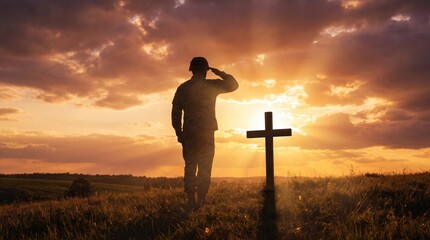 Naklejka premium silhouette of soldier saluting wooden cross at sunset. military remembrance, grief, and patriotism concept. memorial or veterans day tribute. banner, website header with copyspace.