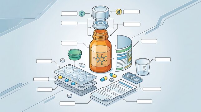 Medicine bottle and packaging components infographic with labels