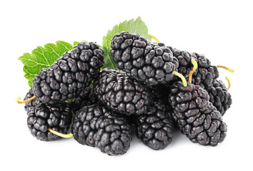 Pile of ripe mulberries and green leaves isolated on white © New Africa
