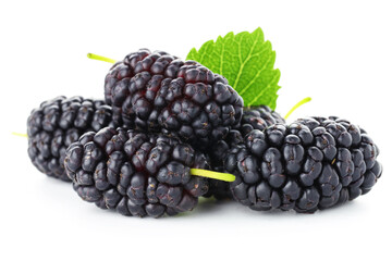 Fresh mulberries with green leaf isolated on white © New Africa