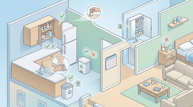 Isometric house illustration showing safe medicine storage and disposal