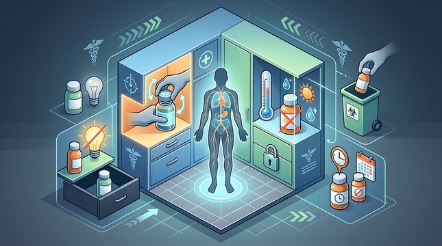 Isometric illustration of medication safety storage and disposal