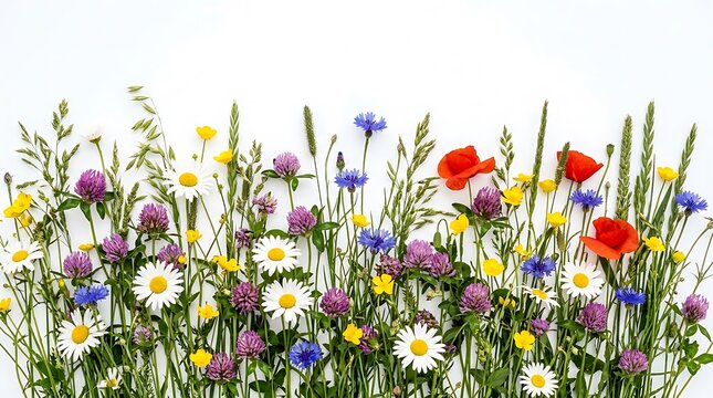 Colorful wildflowers and green grass in a summer meadow