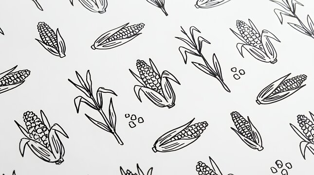 Playful Linear Hand Drawn Maize Vegetables Repeating Pattern Displayed On Crisp White Layout For Organic Product Branding corn cob seamless pattern doodle sketch background hand-drawn maize vegetable