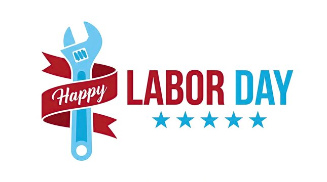 Happy Labor Day banner with wrench tool and red blue stars patriotic vector illustration design element