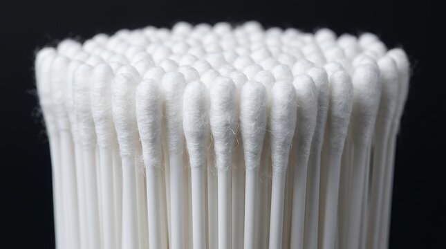 Studio macro shot of pristine white cotton swabs arranged compactly together against a solid dark backdrop highlighting clean textures cotton bud swab q-tip hygiene clean white black background macro
