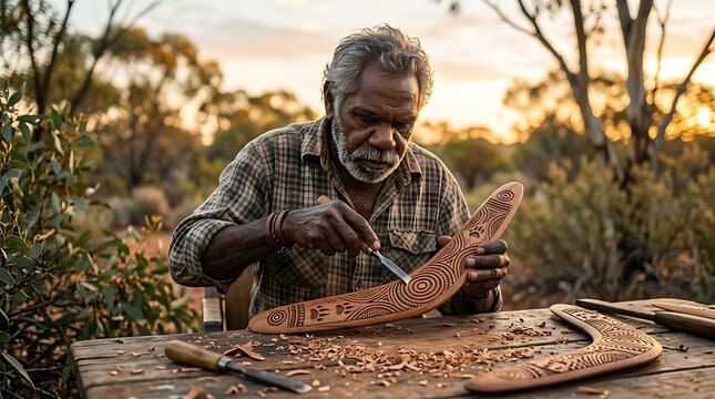 Indigenous elder carving traditional patterns on a wooden boomerang