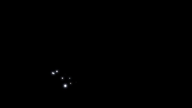 Glowing line love shape animation, glitter starburst glowing flat vector doodle glitter particle trail animation. Glitter stars trail transition on a black screen background glitter stars particles.
