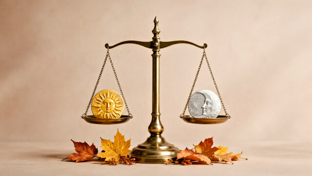 Autumn Equinox Balance Scale with Sun and Moon Symbols for Day and Night Harmony Concept