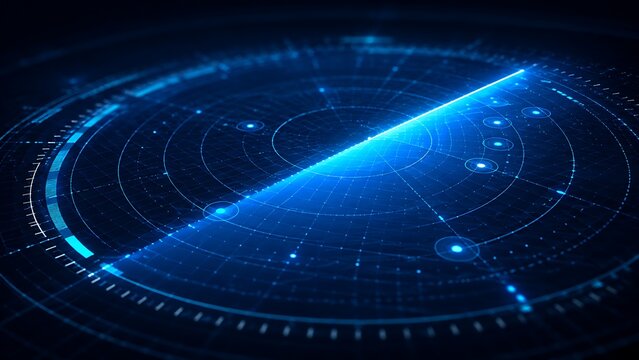Futuristic blue digital radar interface scanning virtual data network environment