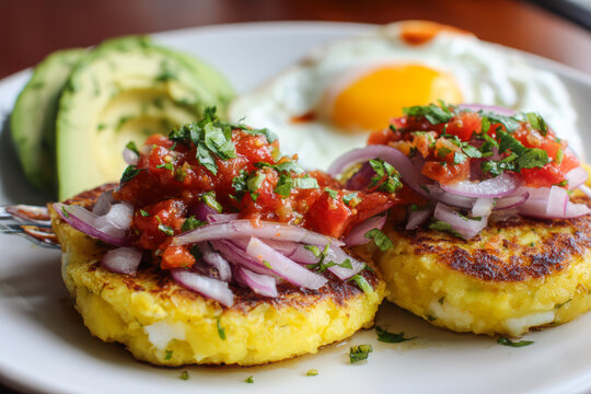 Two Ecuadorian llapingachos potato patties topped with tomato and red onion curtido and chopped cilantro, served on a white plate with a fried egg and avocado slices.