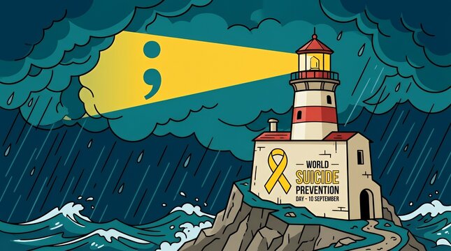 Lighthouse with semicolon beam for suicide prevention awareness.