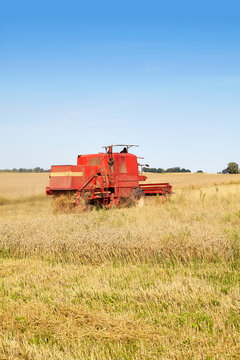 Combine harvesting wheat on a sunny summer day.