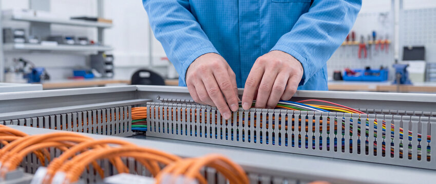 Technician is running wiring through a cable tray in a fully equipped workshop