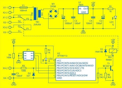 Schematic diagram of electronic device.
Drawing electrical circuit with 
integrated circuit, transformer, diode, connector, 
capacitor, resistor, transistor, led,
microcontroller, other components.