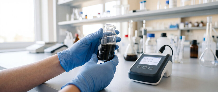Laboratory technician wearing gloves holding dark liquid sample near portable ph meter in modern lab
