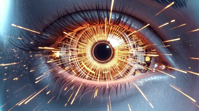 Bionic eye with mechanical iris emitting bright sparks. Extreme close-up shot.