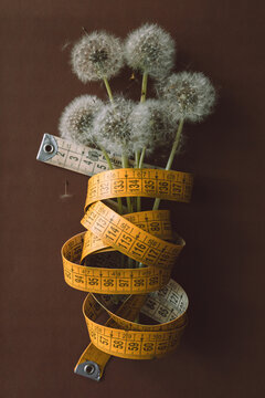 Dandelion bouquet wrapped in measuring tape on dark background