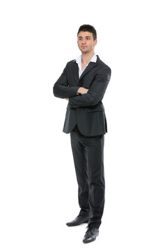 Young businessman portrait isolated on white background, looking away, full length