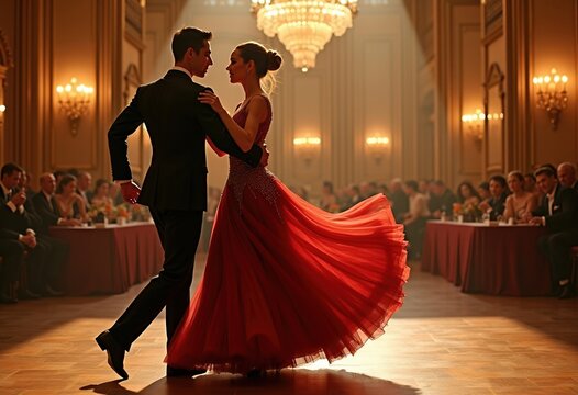 Elegant Ballroom Dancing Couple in Smooth Waltz at Grand Hall, Captivating Movements, Fluid Grace, and Refined Style