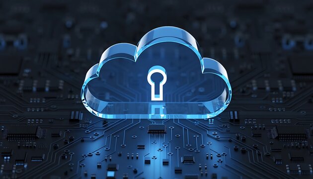 Glass cloud icon with keyhole symbol on dark digital circuit board background