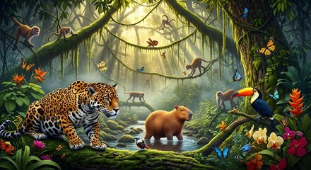 Naklejka premium Lush tropical rainforest ecosystem filled with diverse exotic wildlife and colorful