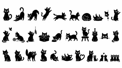 Obraz premium Cat Silhouette Set – Sitting, Walking, Jumping and Playful Pet Poses