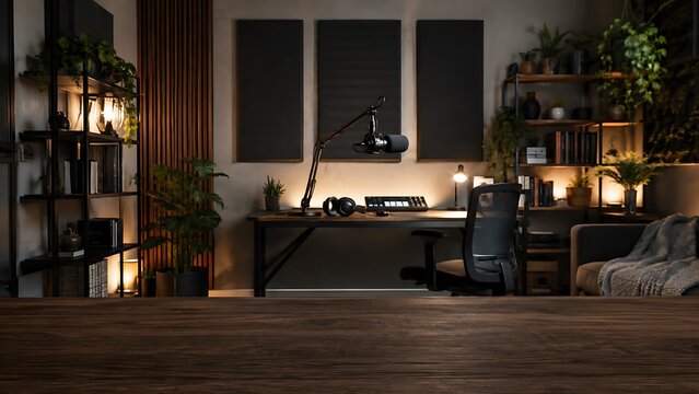 Cozy home office workspace with podcast microphone and warm ambient lighting workspace microphone interior lighting